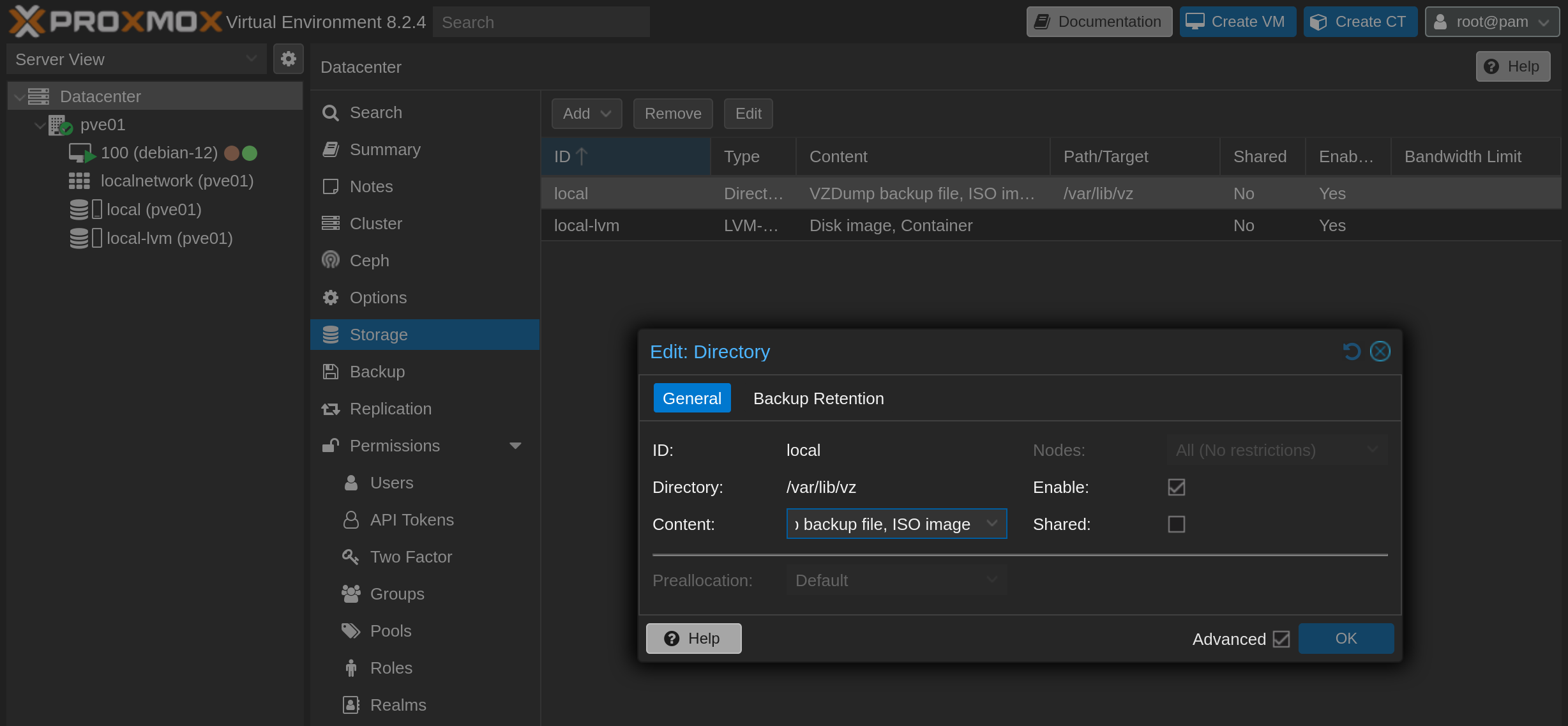 Capture d'écran de l'interface PVE montrant les paramètres du stockage local