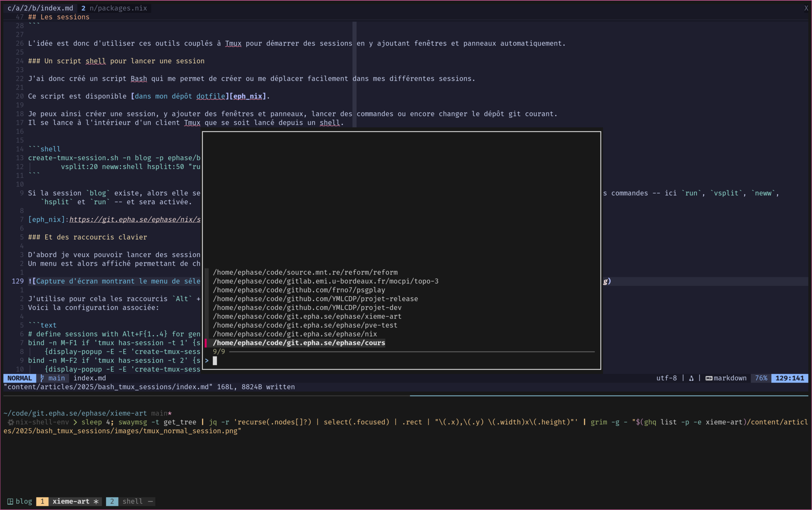 Capture d'écran montrant le menu de sélection des projets pour l'ouverture d'une nouvelle session dans une popup