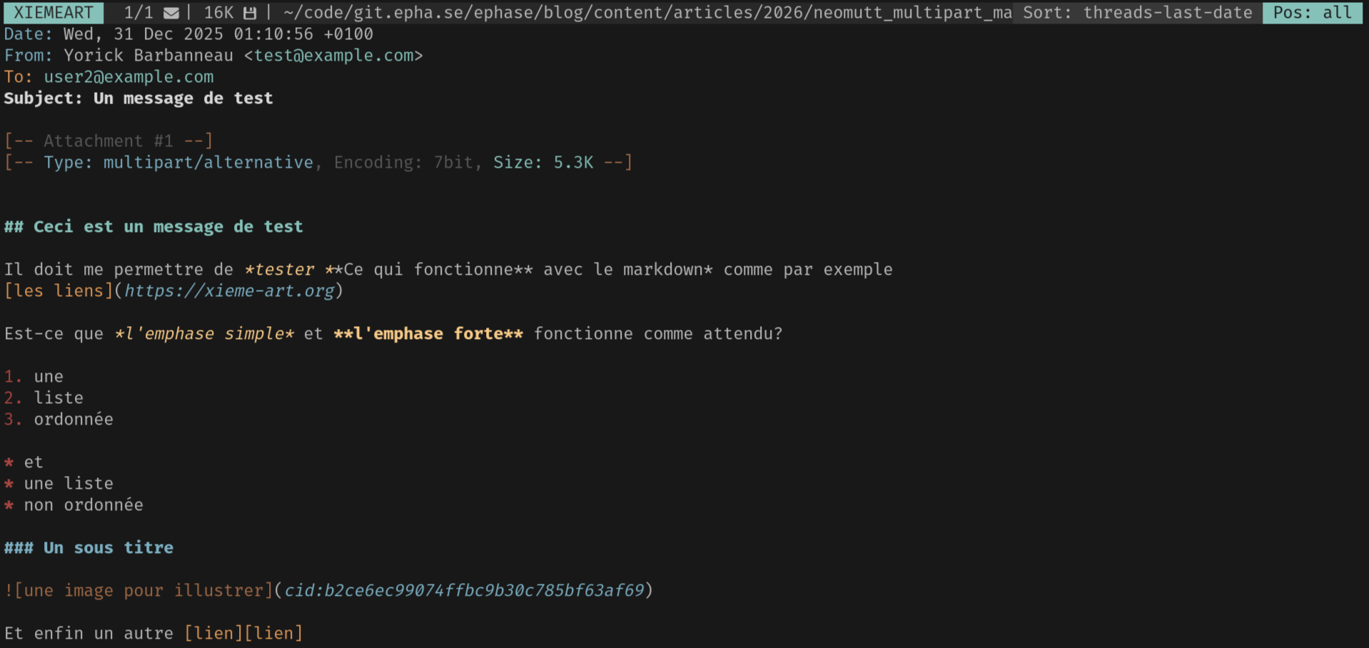 Capture d'écran du logiciel NeoMutt montrant le contenu texte du message